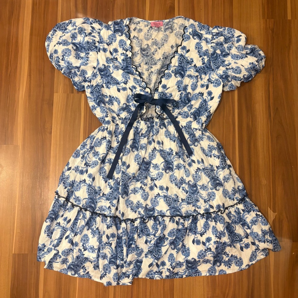 Francesca's Blue White Floral Paisley Scalloped Ribbon Puff Sleeve Mini Dress M - Picture 2 of 6